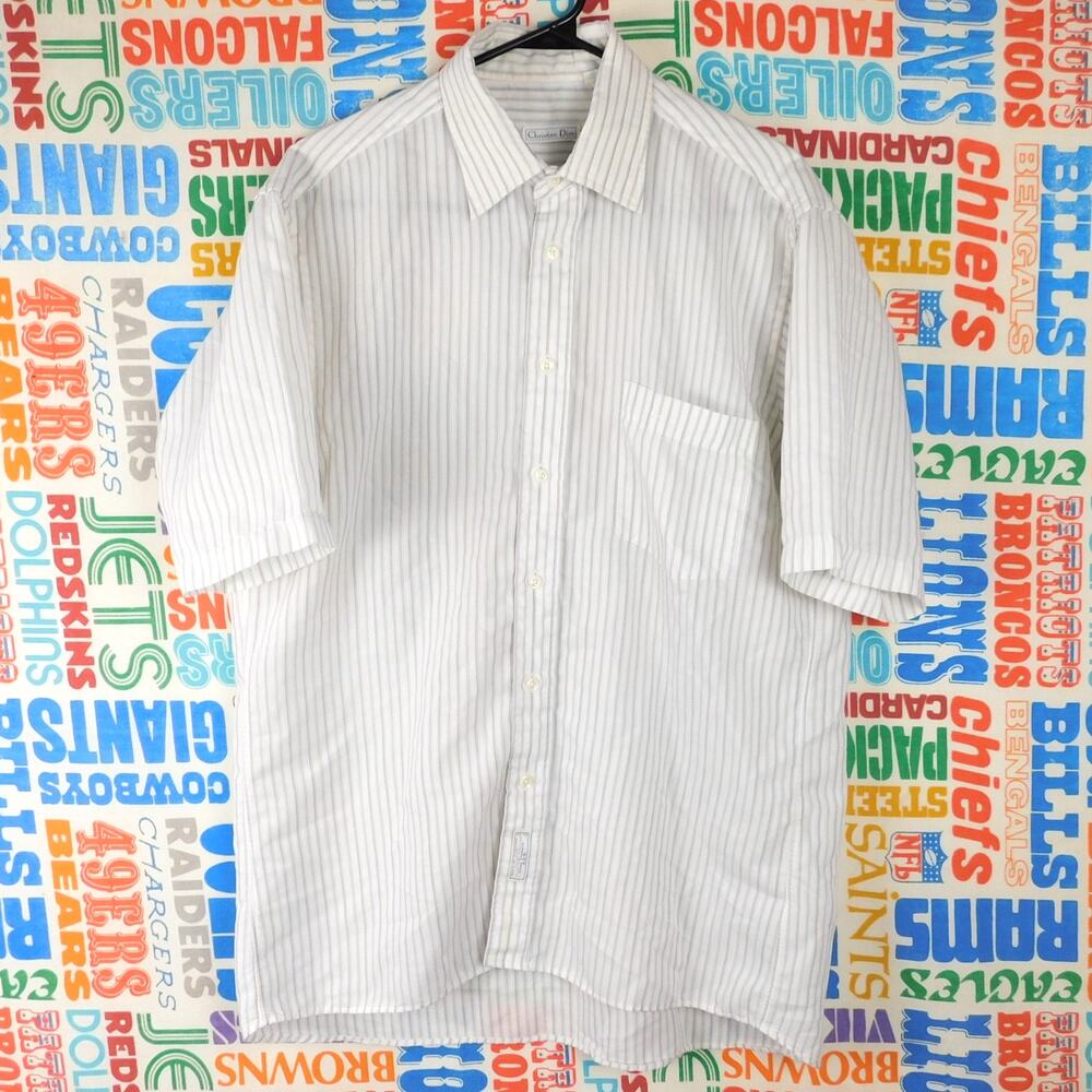 Vintage Christian Dior Shirt Mens L 15.5 Striped Short Sleeve Button Up 70s 80s